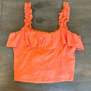 Forever 21 Women’s Embroidered Flounce Crop Top in Coral Pink Orange Size L
